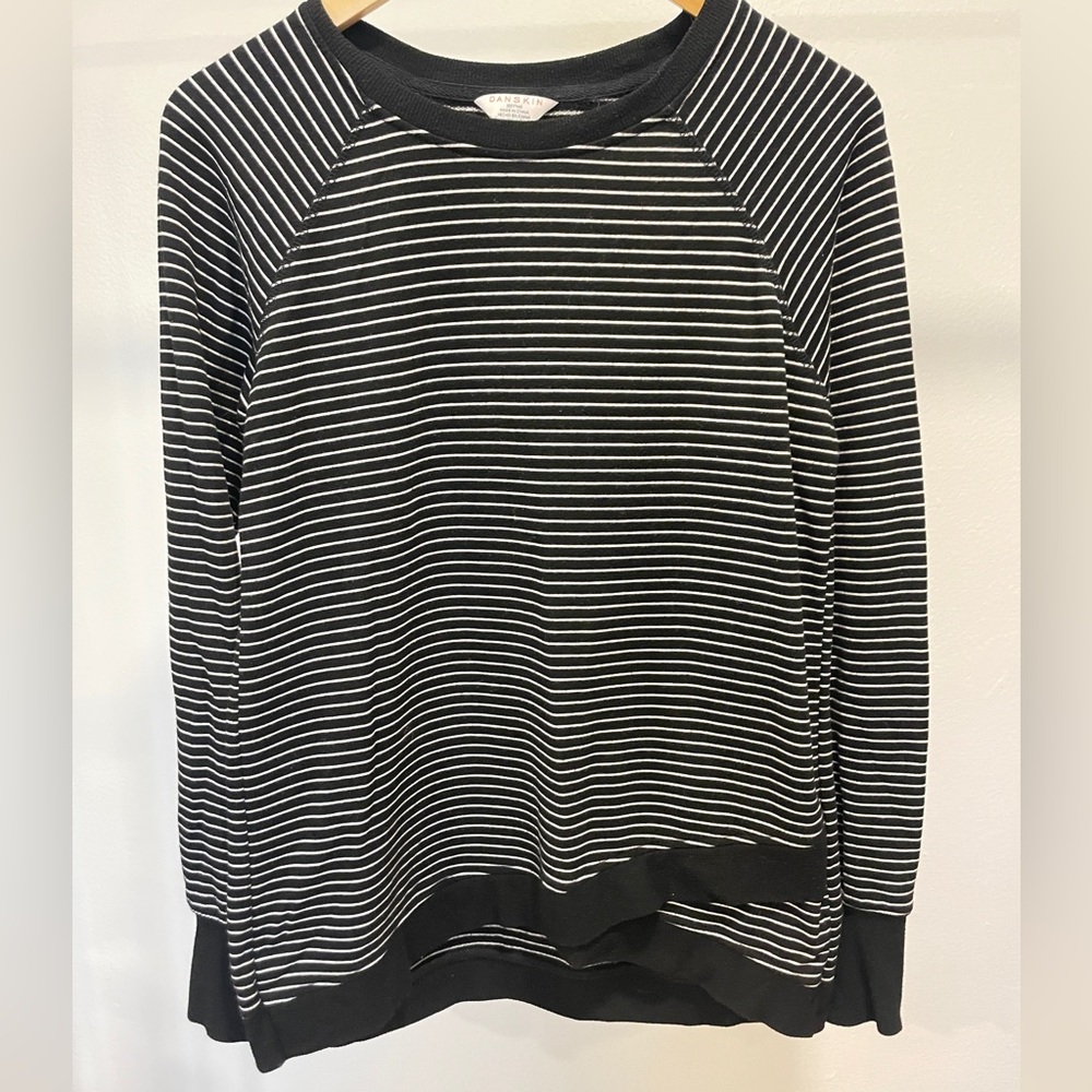 Danskin Asymmetrical Striped Long Sleeve Sweater Black White Small Activewear